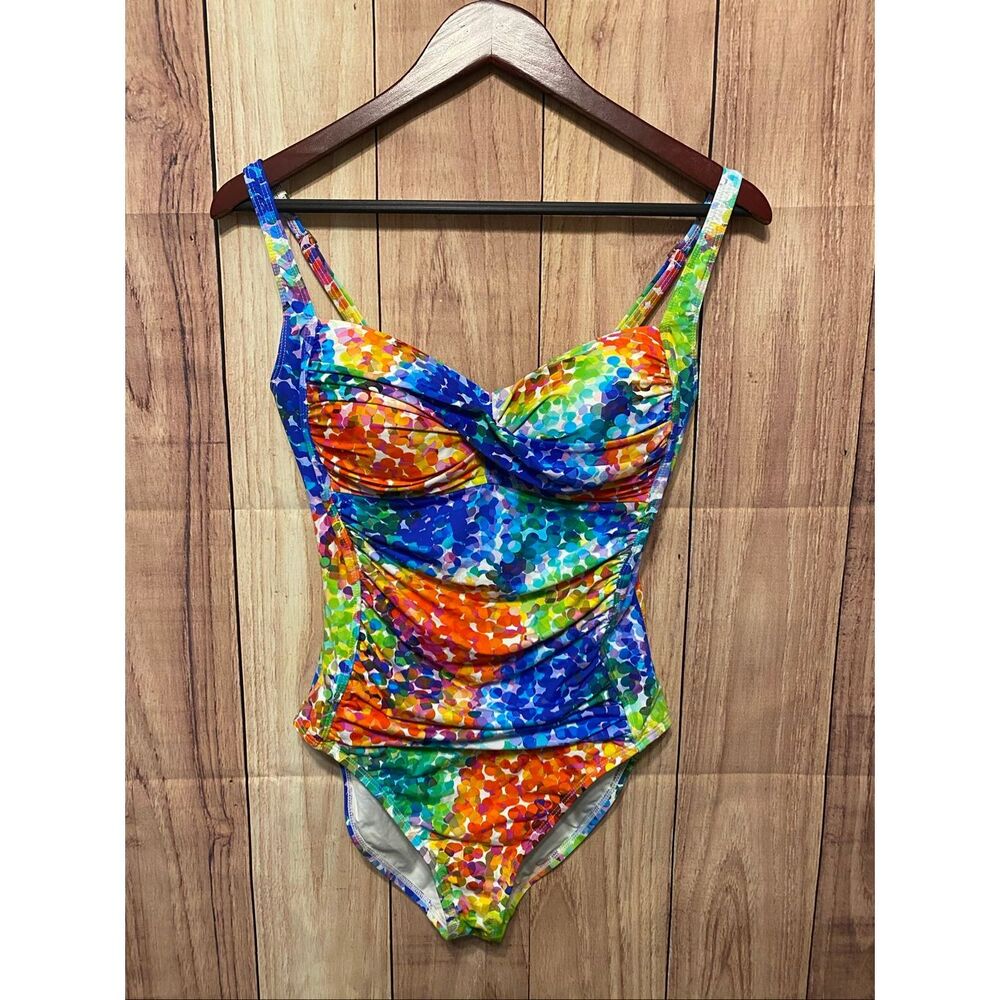 La Blanca size 10 multicolor swimsuit flattering watercolor style ruched